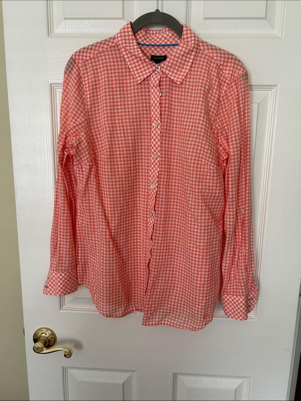 Talbots Coral Gingham Long-Sleeve Button-Down Shirt 100% Cotton Sz M